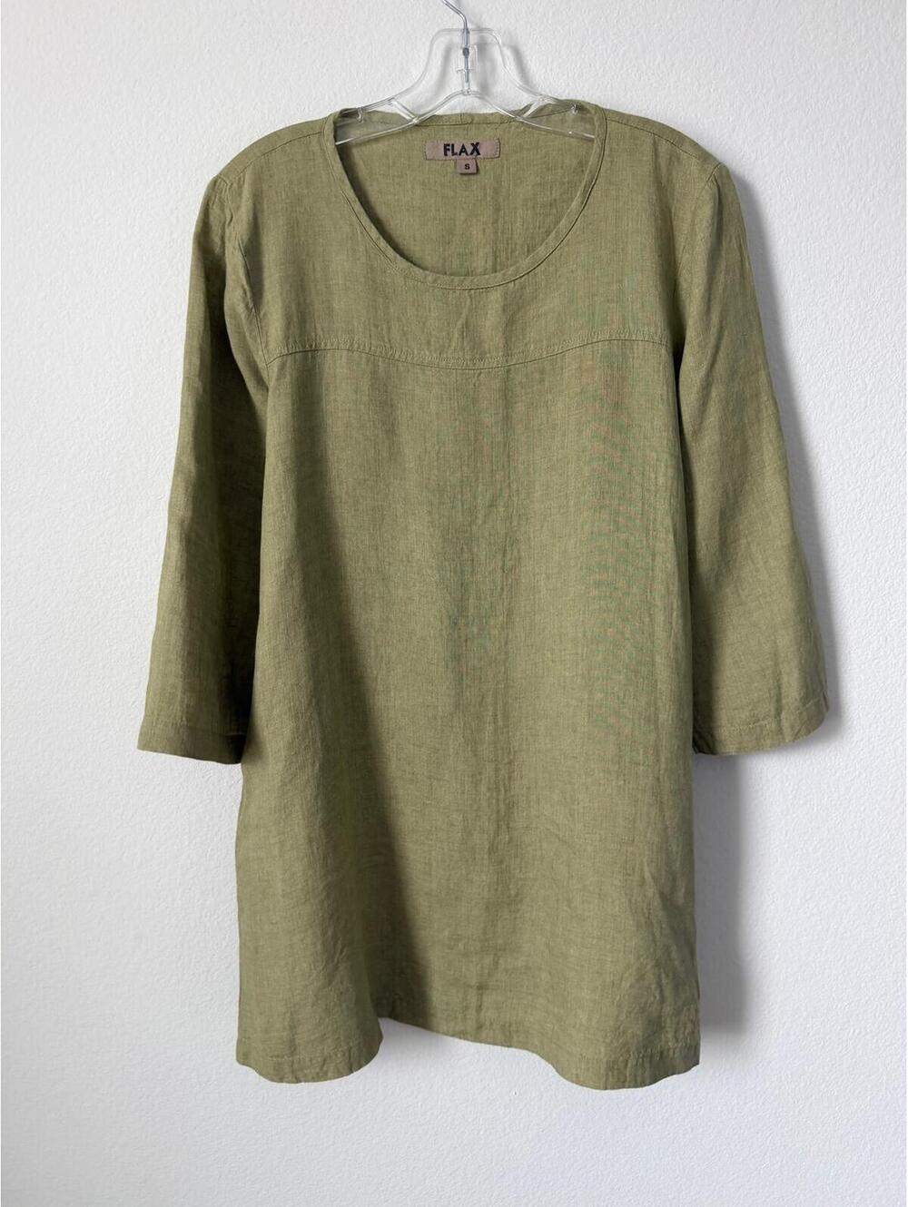 FLAX 100% Linen Olive Green 3/4 Sleeve Round Neck Tunic Blouse Women's Size S